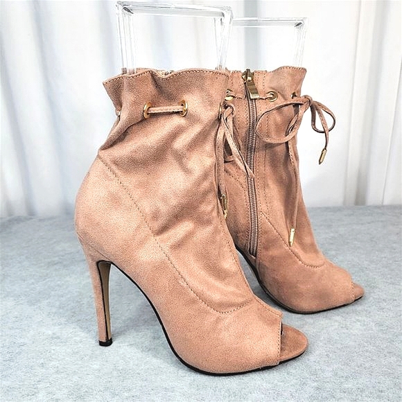 Mauve Drawstring Open Toe High Heel Ankle Boots - Picture 1 of 5
